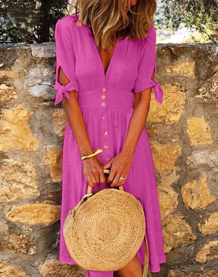 

2023 Autumn Women's Long Dress Black V-neck Short Sleeve Button Loose A-line Dresses Female Casual Elegant Beach Clothes Ladies