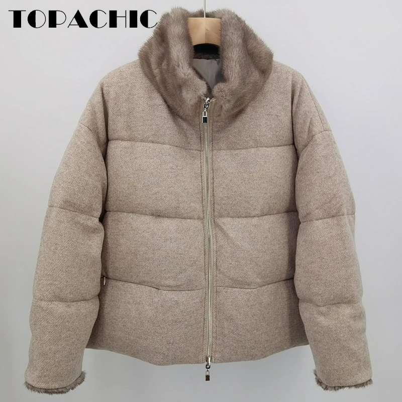 

11.26 TOPACHIC Women's Reversible Solid Color Mink Fur Collar Zipper Comfortable Keep Warm Down Jacket