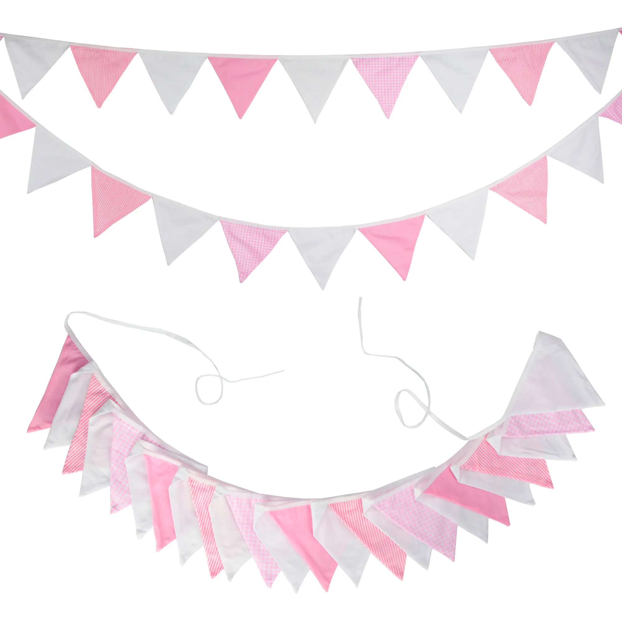 5.1M Pink Blue White Cotton Fabric Bunting 24 Pennant Flags Wedding Party Decor Banner Home Baby Shower Carnival Garland
