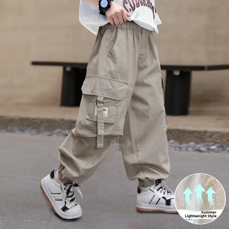 Boys Summer Thin New 2026 Big Boys Long Pants Cool Fashionable Street Children Workwear Pants Casual Print Elastic Waist Poly... - 5