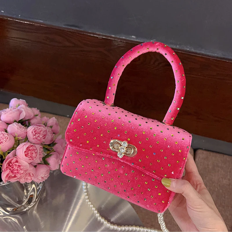 

JIOMAY Luxury Designer Handbags for Women 2023 Colorful Rhinestone Crossbody Bag Pearl Chain Rose Red Velvet Evening Square Bags
