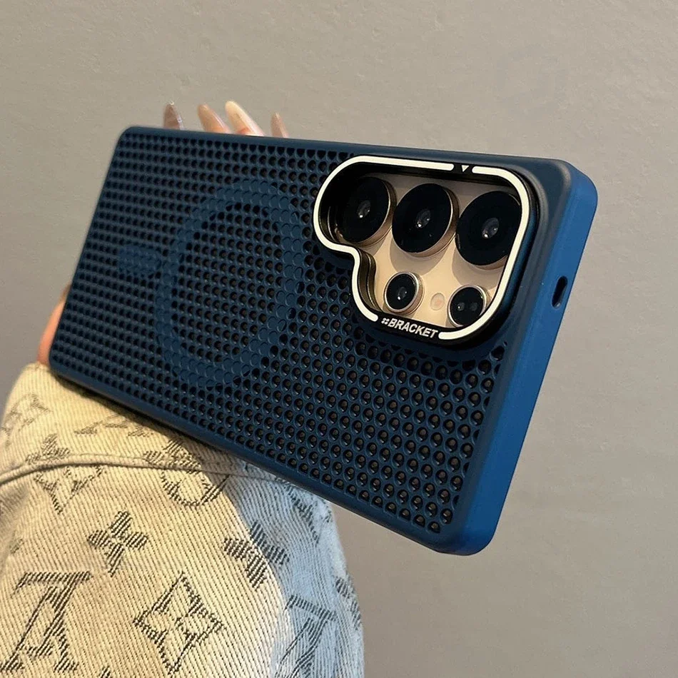 Honeycomb Mesh Cooling Wireless Charging Hard Matte Case with Alloy Lens Bracket