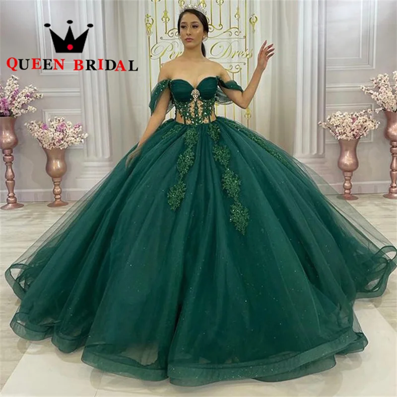 

Luxury Crystal Quinceanera Dresses Green Glittering Off Shoulder Backless Prom Ball Gowns Vestidos De Quinceañera Custom L48W
