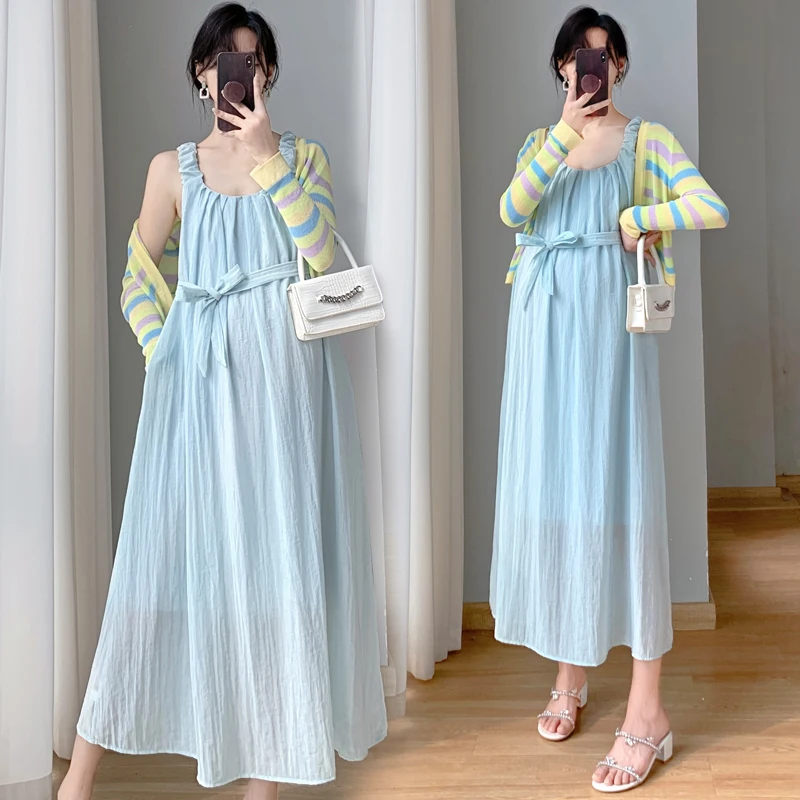 

2pcs Maternity Chiffon Dress Set 2023 Summer New Clothes For Pregnant Women Solid Sleeveless Pregnancy Dresses & Striped Shawl