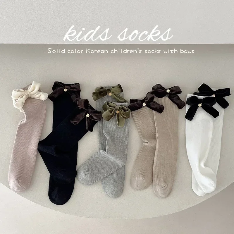 Cute Kids Girls Calf Stockings Retro European Style Bowknot Calf Socks for Toddler Girl Spring Autumn Cotton Kids School Socks