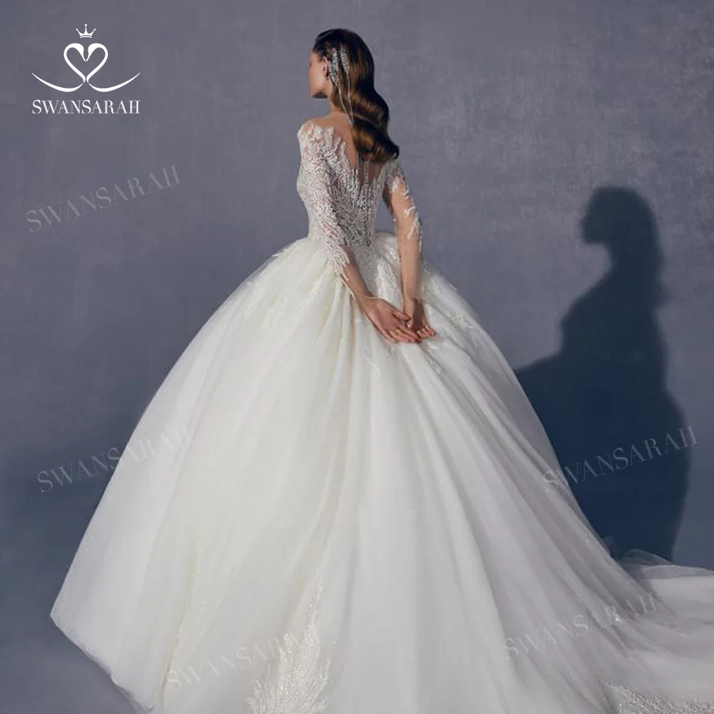 Long Sleeve Wedding Dress 2025 Luxury Shiny Appliques Beaded Ball Gown Princess Bride SwanSarah AV01 customized Vestido De Novia 6