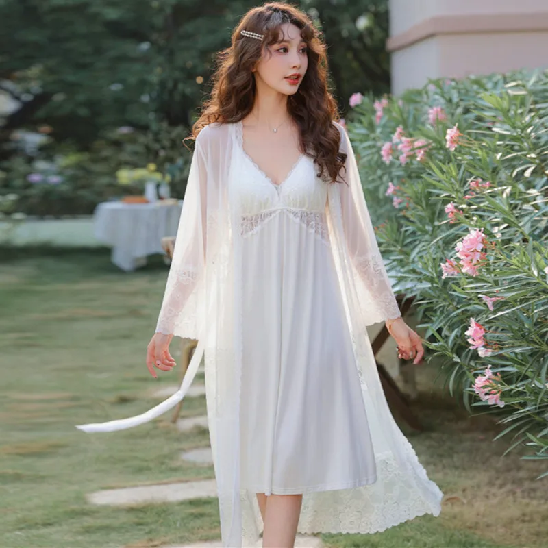 

Palace Style Women's Pajamas Spring Summer Modal Dress Set Sexy Suspender Nightgowns Chest Pad Long Sleeve Two Piece Nightdress