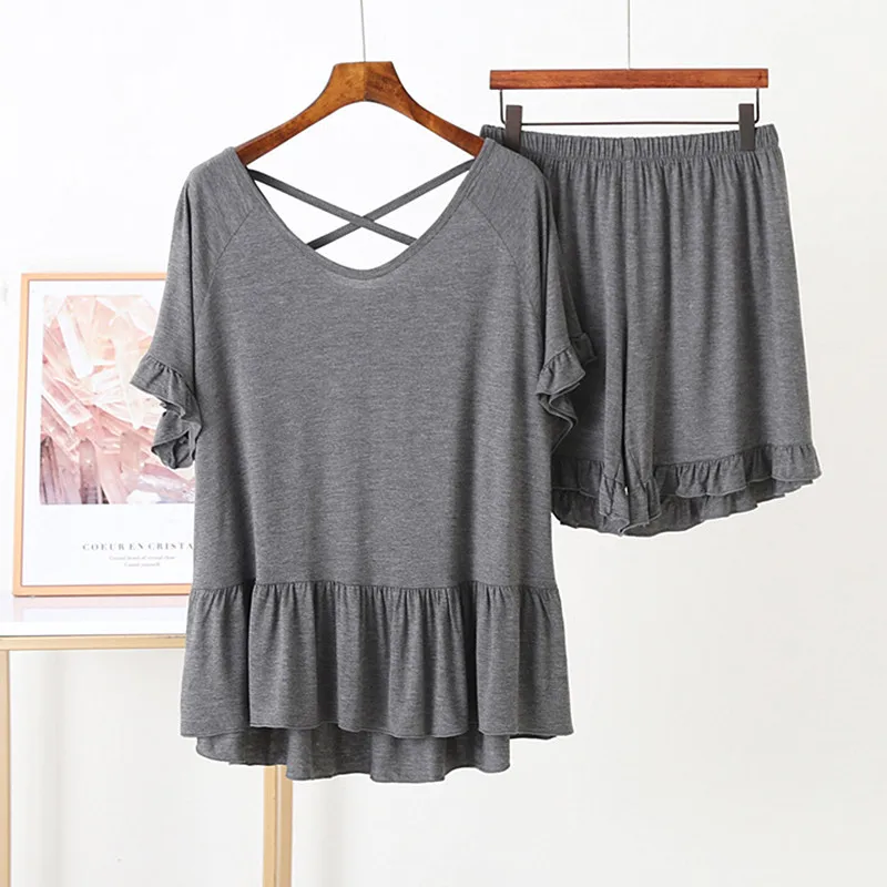

Pajamas Women's Summer Sleepwear Thin Modal Cotton Backless Ruffled Two Piece Short Sleeve Shorts Set Loose Casual Home Suit