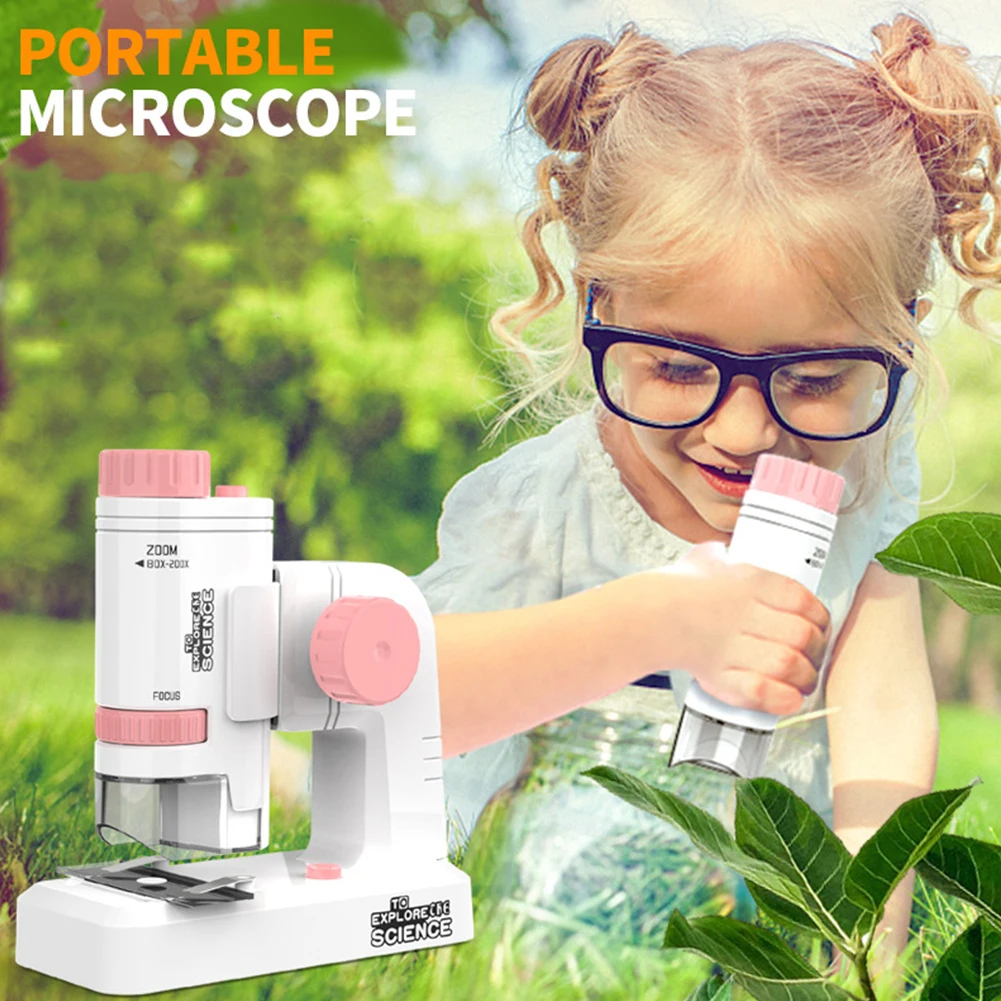 80-200X Handheld Mini Microscope with Base Electric Mini Microscope 12PCS Specimen Slides Portable Biological Science