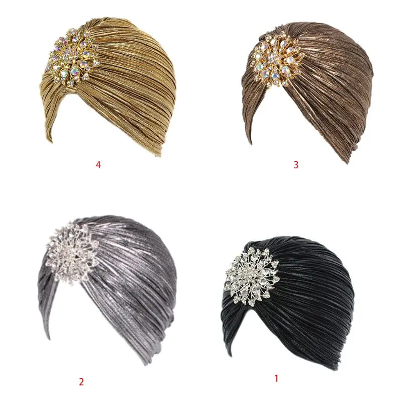 

Women Indian Turban Hat for Head Wrap Pleated Soft Hair Hijab with Brooch Jewelry