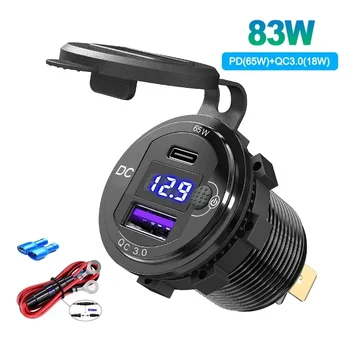 Upgraded 83W Car USB C Charger Socket Adapter 65W PD & QC 3.0 Power Outlet with Voltmeter for 12V/24V Car Marine Motorcycle RV 1