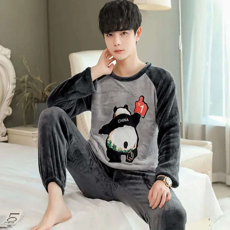 

Nightwear Lounge Fleece Pajamas Sleeve Long Men's Set Sleepwear Warm Sets Thickened Pajamas Coral Men Flannel For Winter Cartoon