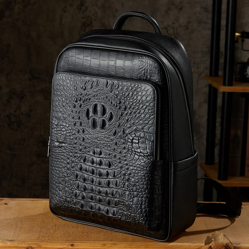 Fashion Genuine Leather Backpack Men Alligator Pattern Cowhide Leather Knapsack High  Quality Rucksack Large Space Laptop Bag