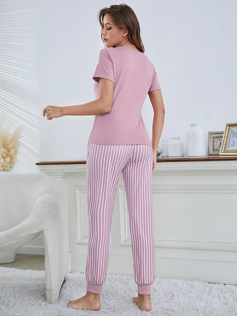 2Pcs Women Plus Size Pajamas Short-Sleeved White Striped Drawstring Trousers Student Homewear Suit Letter Print T-Shirt Ladies