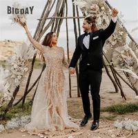 Glitter Long Sleeve Wedding Dresses 2025 Shiny Sequin O-Neck Open Back Bride Gown A-Line Open Back Vestidos De Novia Customized 1