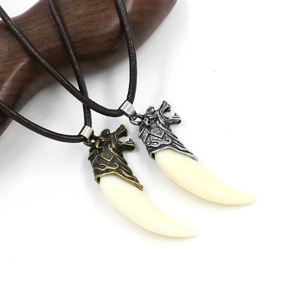 Men Women's Goth Vintage Wolf Tooth Pendant Leather Beaded Weaved Prayer Necklace Fashion Jewelry Necklaces 1PC