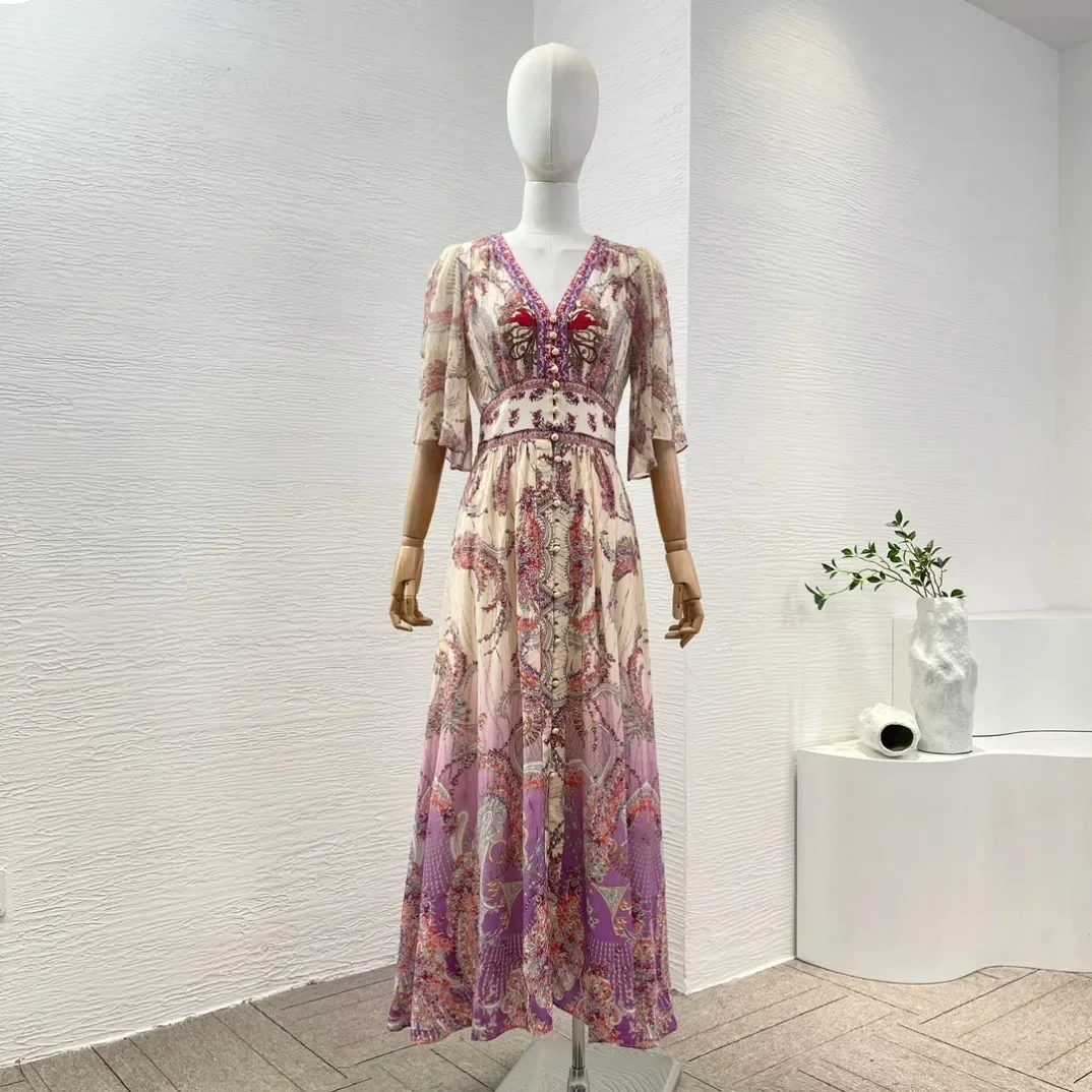 

2024 New Style Silk Beige Violet Paisley Floral Flowers Print Half Sleeve V Neck Midi Dress for Women Lady