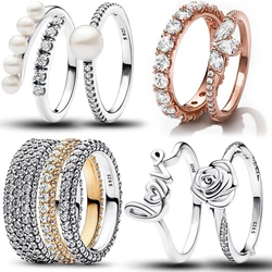 Trendy Timeless Pavé Triple-row Ring 925 Sterling Silver Finger Rings Clear CZ Round Ring for Women Fine Jewelry