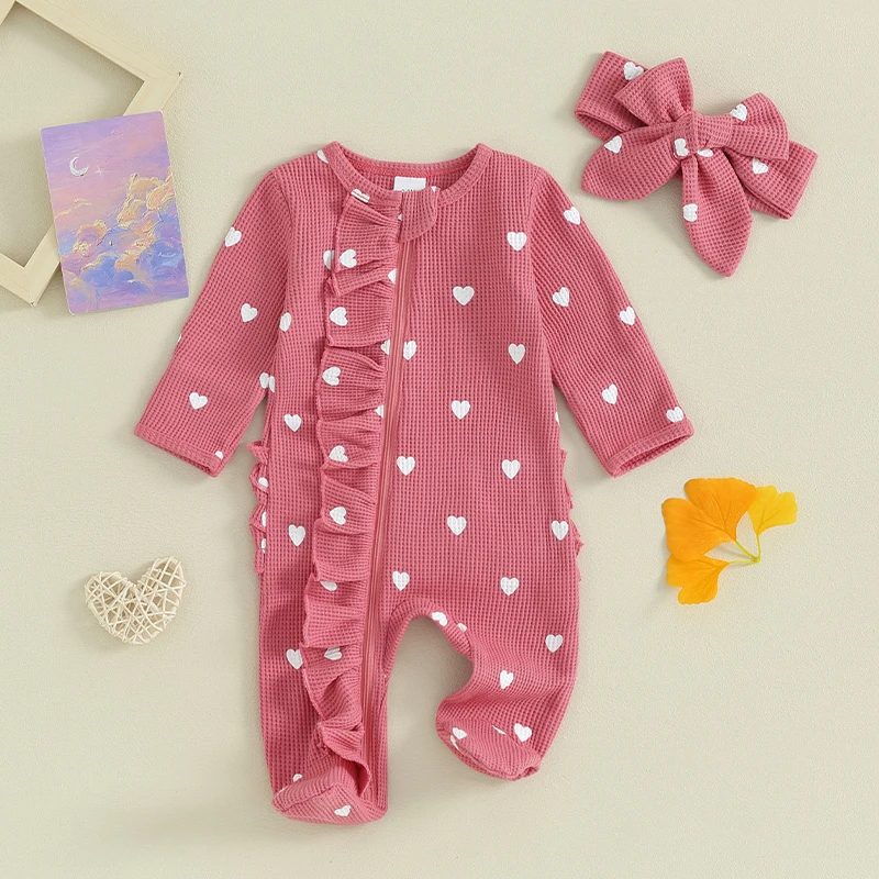 0-6M Newborn Baby Girl Valentines Day Outfit Ruffle Heart Long Sleeve Footie Waffle Romper Headband Set baby clothes