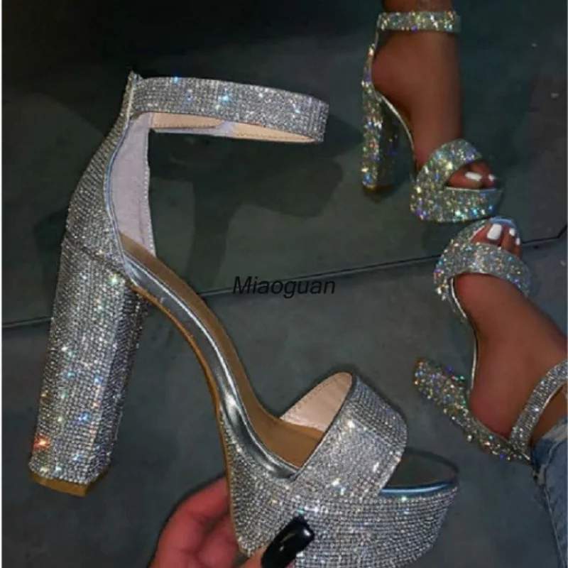 

New Summer Women High Heel Wedding Party Sandals Open Toe Ankle Strap Chunky Heel Sequins Platform Sandals Silvery Diamond Shoes