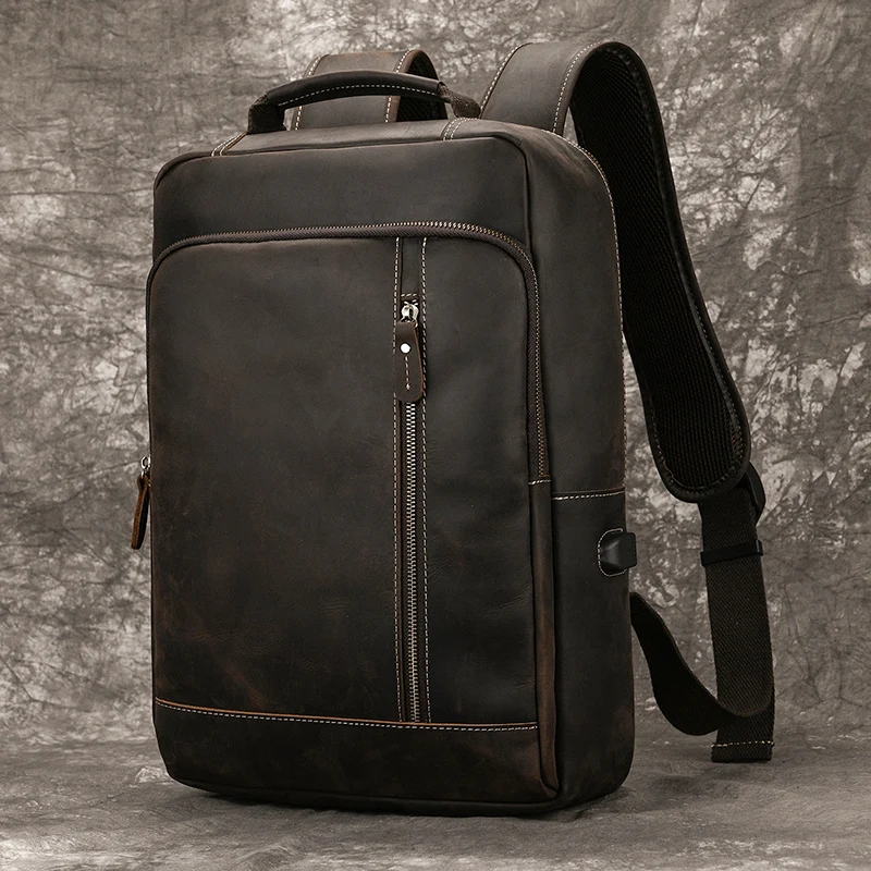 Men's Crazy Horse Leather Backpack 15.6" Laptop Cow Leather Daypack Large Capacity Male Travel Backpack With USB Cable 2