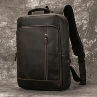 Men's Crazy Horse Leather Backpack 15.6" Laptop Cow Leather Daypack Large Capacity Male Travel Backpack With USB Cable 2