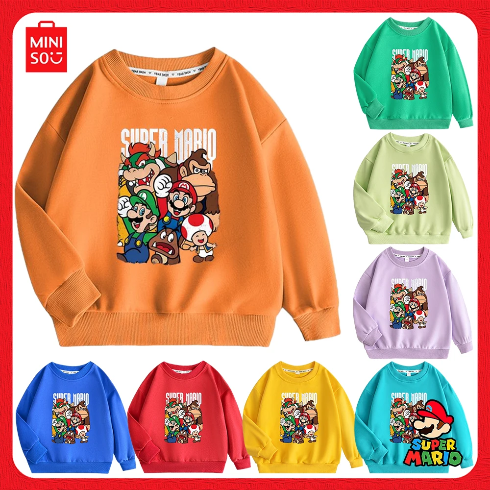 

Свитер Miniso в стиле Super Mario, Детские модели на осень и зиму, топы с длинными рукавами для мальчиков и девочек, повседневные свободные Мультяшные подарки на день рождения