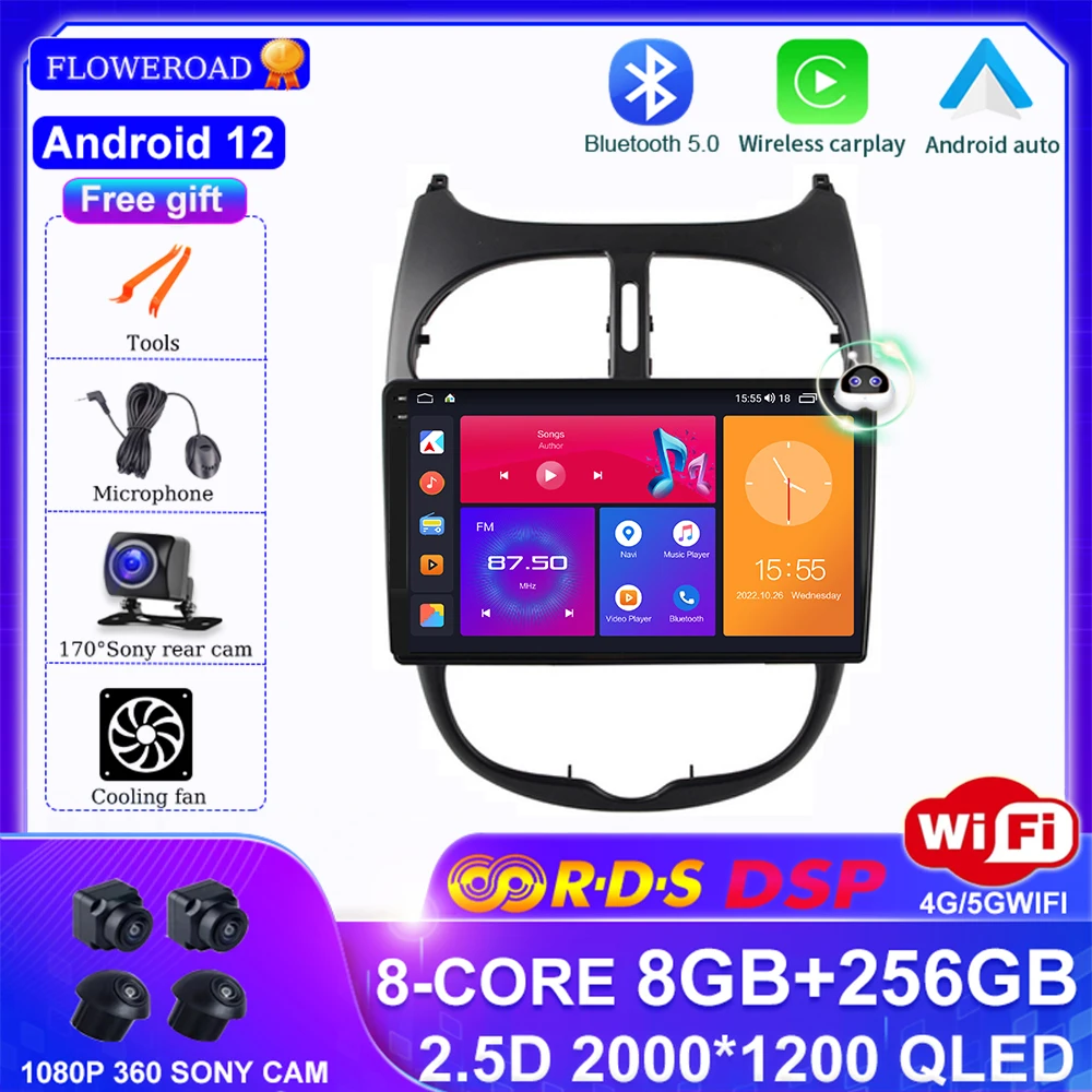 

Stereo Monitor Autoradio AI Voice Android 13 For Peugeot 206 2001-2008 Car Radio Multimedia Video Player GPS NAVI Carplay BT DSP
