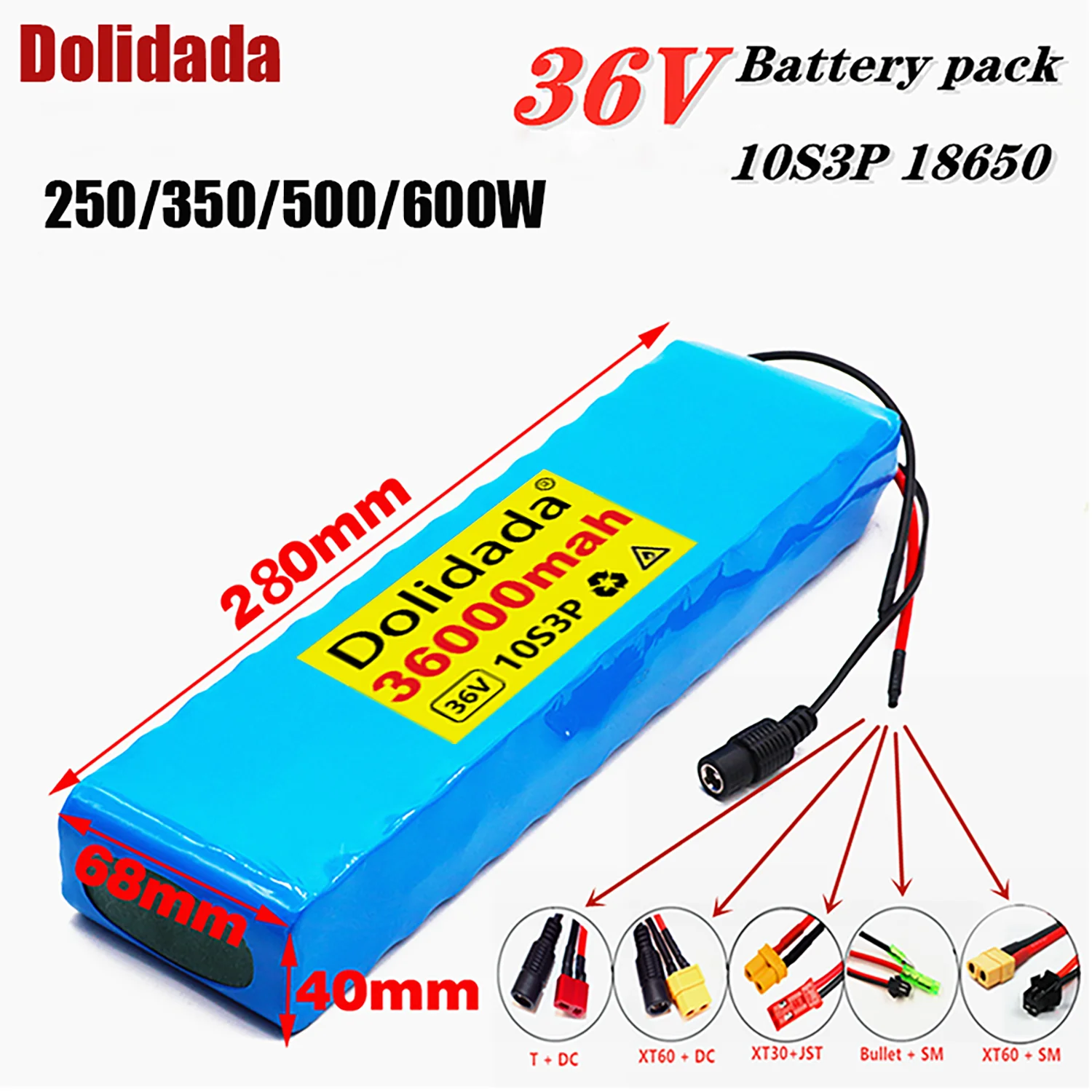 Dolidada 36V 36Ah 18650 Rechargeable Lithium Battery Pack 10S3P 600W Power Modified Bicycle Scooter Electric Vehicle with BMS |