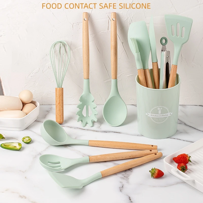 13pcs Silicone Kitchen Utensils Set NonStick Cookware for Home Wooden  Handle Spatula Egg Beaters Food Grade Cooking Kitchenware - AliExpress