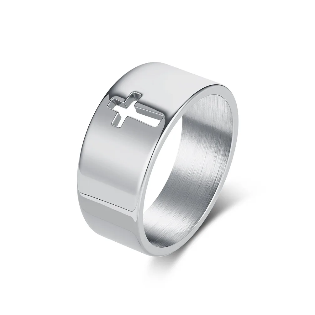 Unisex minimalist polished hollow cross ring for men and women, niche high-end titanium steel jewellery 3