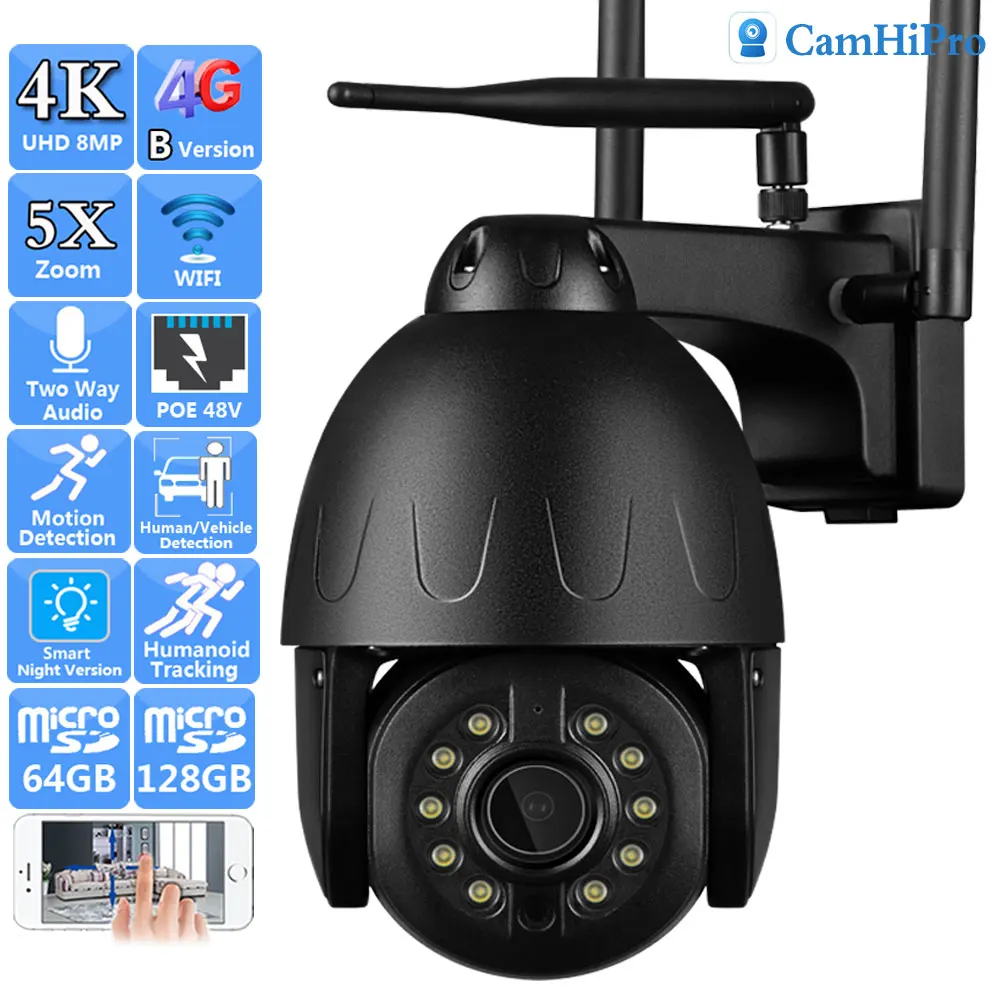 

3G 4G SIM Card 4K 8MP Wireless Security IP Camera 5X Zoom Wifi PTZ Dome POE Color Night Version Human Tracking Two Way Audio