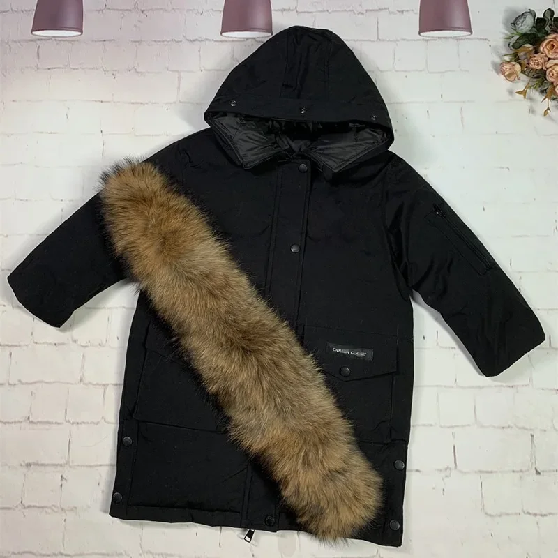 

2023 New CANADA Winter Black Kids Parka with Real Fur Collar Goose Down Girls Boys Winter Jacket