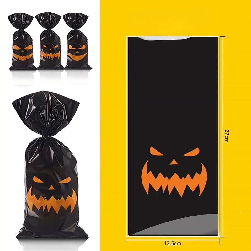 50/100 Stück Bunte Halloween-Tüten Kürbis Geist Fledermaus Plastik-Süßigkeitentüten mit Drehverschlüssen Party DIY Dekoration Geschenkverpackungstüten – Detail 1