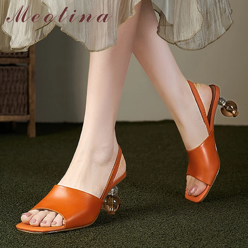

Сандалии Meotina женские из натуральной кожи, босоножки на высоком квадратном каблуке, модная повседневная обувь в странном стиле, цвет черный/оранжевый, лето