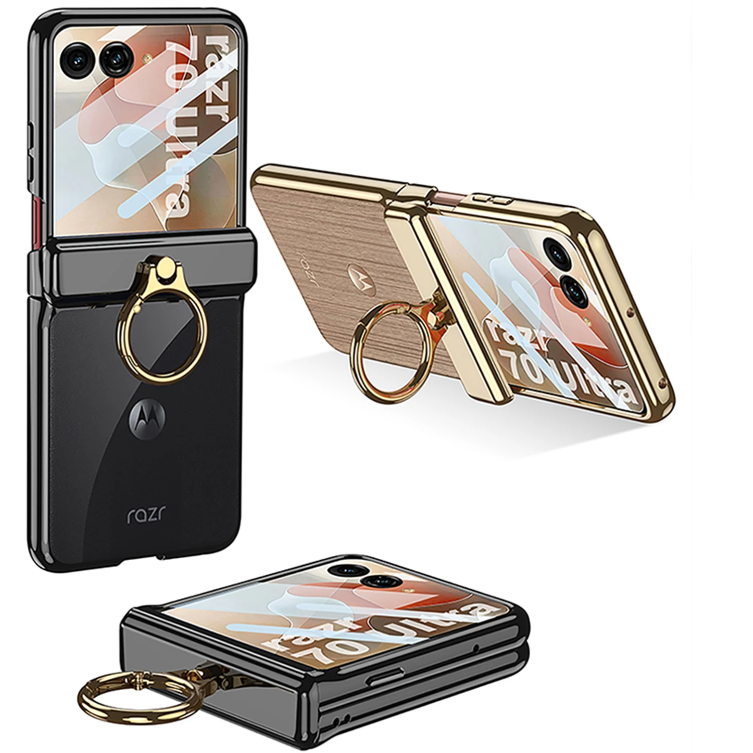 Electroplated Transparent Phone Case with Metal Ring Holder and Hinge Glass Protector