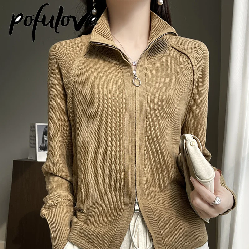 

Knitted Cardigan Women Double Zippered Stand Collar Solid Color Knitted Jacket Long Sleeve Top Korean Outerwear Dropshipping