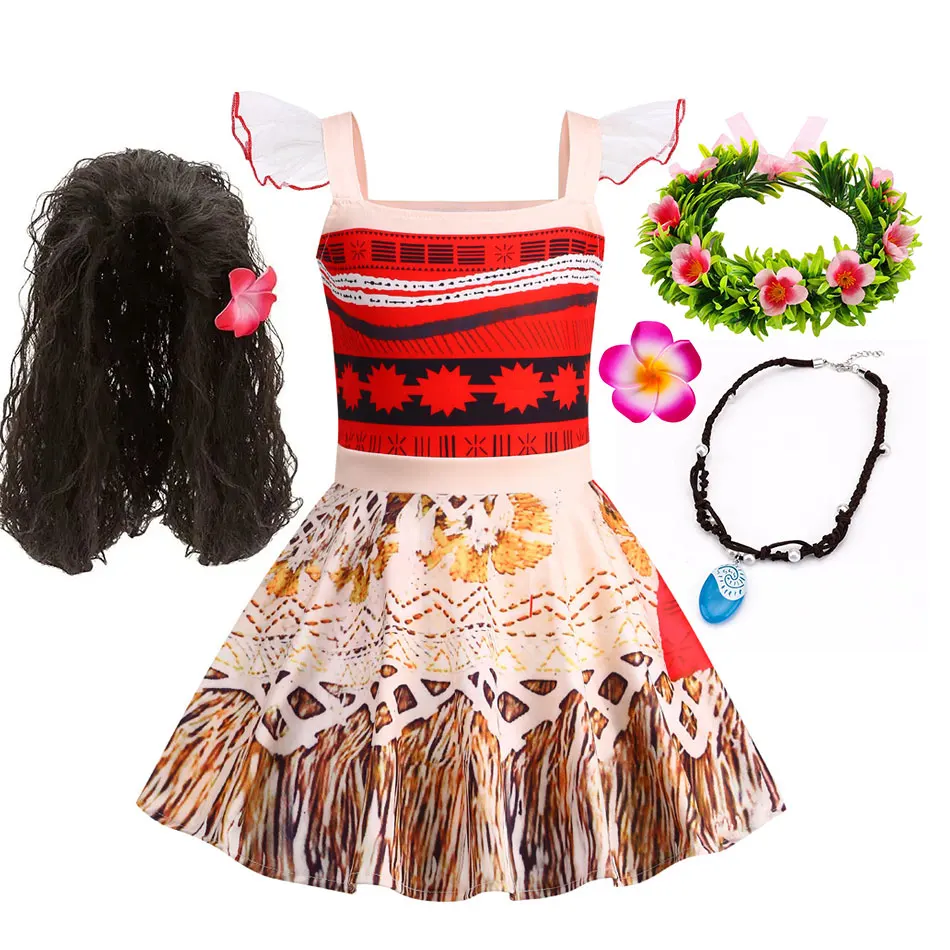 MIVORA Vestido Moana Para Niña – Incluye Collar, Corona De Flores Y Pasador – Disfraz Princesa Hawaiana Para Carnaval Y Cumpleaños