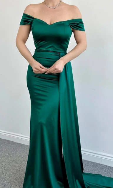Emerald Green V-Neck Bridesmaid Dresses off the Shoulder Satin Mermaid Side Long Ribbon Trailing Skirt Slim Fit 2025 Customized 1