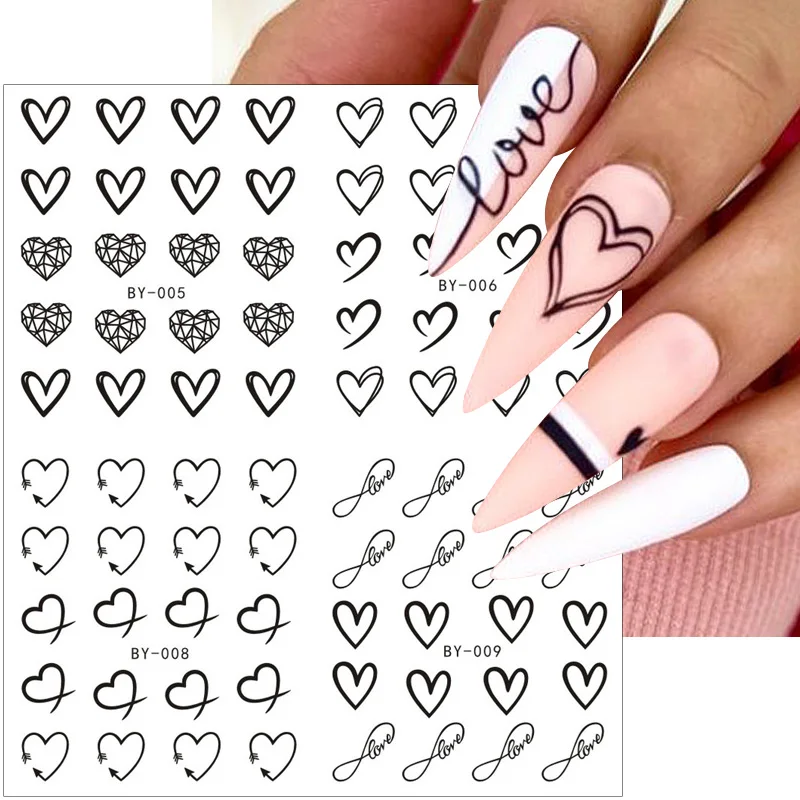 12pcs Love Heart Water Nail Decals Valentines Nail Stickers Rainbow Swirl Ribbon Wave Line Nail Art Stickers French Nail Sticker