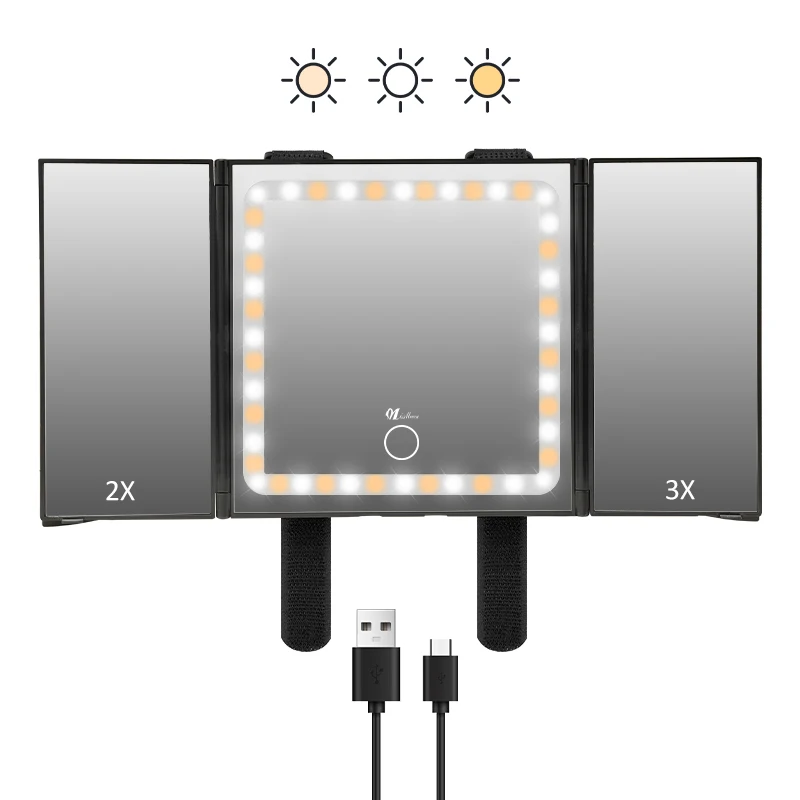 Car Sun Visor Makeup Mirror with LED Light USB Charging Trifold Vanity Mirror for Women, Portable Auto Interior Cosmetic