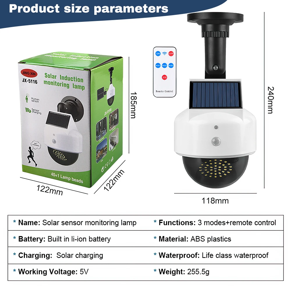 Outdoor Sensor Solar Lights Remote Control Powered Simulation Monitoring Wall Lamp Fake Security Camera for Porch Garden Patio 6