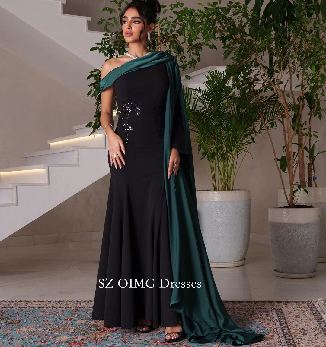 

OIMG One-Shoulder Fitted Women Sexy Vintage Ruched Mermaid Prom Dresses with Cape Sleeves Evening Gowns 2023 Formal Party Dress