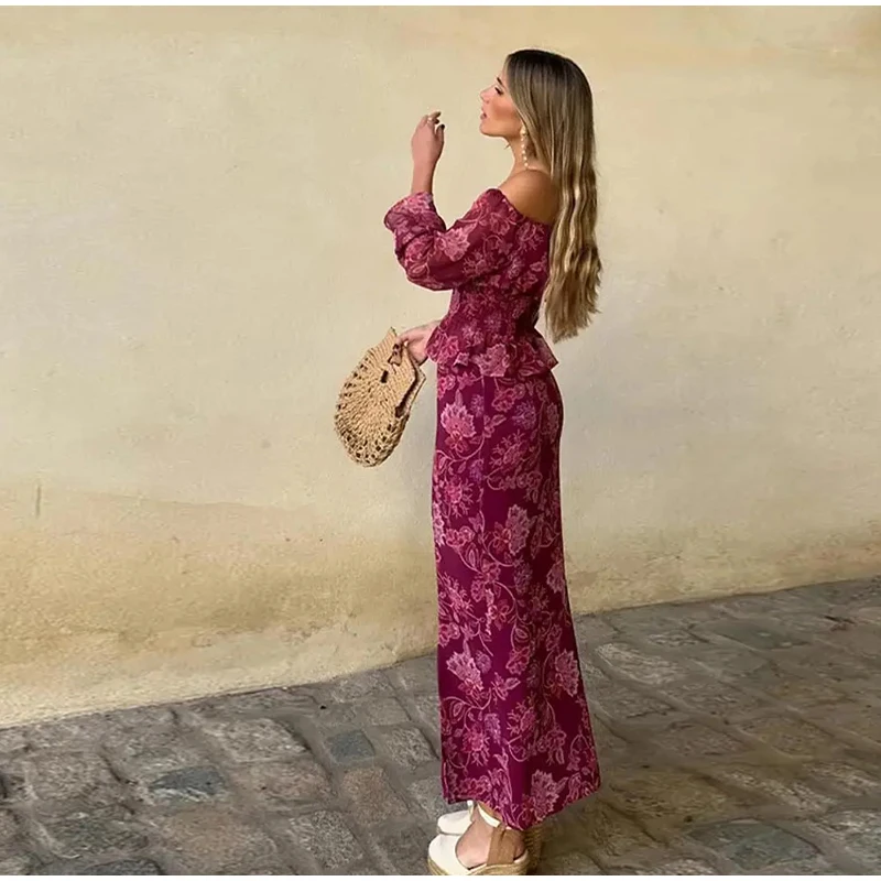 Vintage Print Top Skirt Suits Women One Shoulder Long Sleeve Waist Up Ruffled Hem Tops High Slit Skirt Vacation Beach Outfits