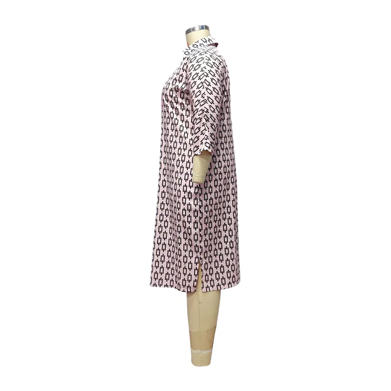 Spring Summer Clothes for Women Geometric Print Fashion Turn-down Collar Half Sleeve Loose Pockets Plus Size Casual Midi Dresses
