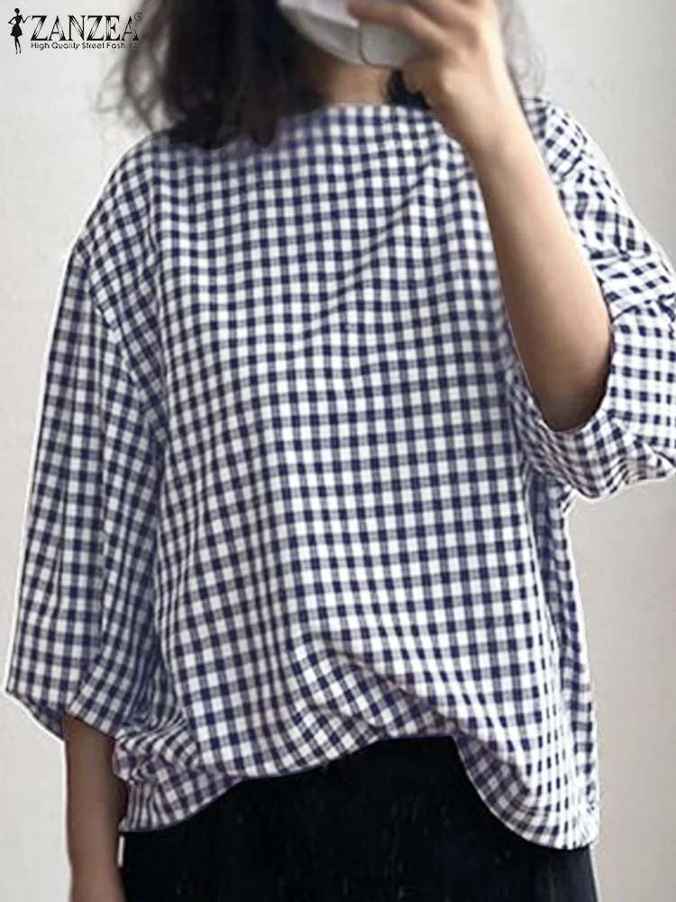 

Винтажная блузка с круглым вырезом и рукавом 3/4, ZANZEA, стильная женская летняя Клетчатая рубашка в клетку, Повседневная Свободная рабочая блуза, Женская туника, топы