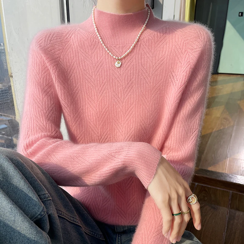 

100% pure wool sweater women's semi-high neck pullover autumn and winter new sweater solid color long sleeve warm fashion top.