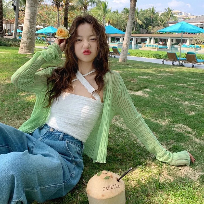 Summer Women Thin Sunscreen Cardigan Lace-up Knitwear Tops Female Korean Style Long Sleeve Short Coat Casual Sun Protected 5