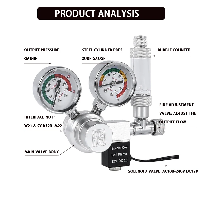 DIY Aquarium CO2 regulator solenoid valve bubble meter plant water grass tankCO2 reaction control system pressure reducing valve 2