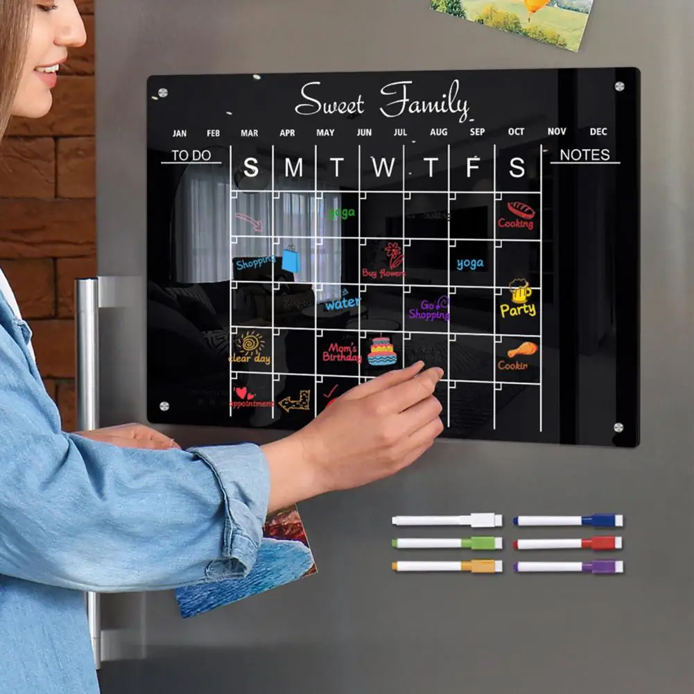 Organizing Plans Black Magnetic Whiteboard Weekly Planner Whiteboard with Magnetic Fridge Acrylic Board Black Text 6 Markers